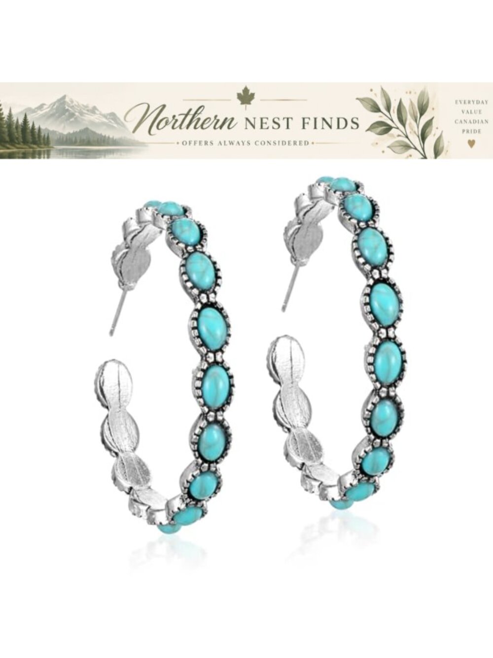 Turquoise Hoop Earrings Alloy Western Cowgirl Beaded Vintage Ethnic Pendant